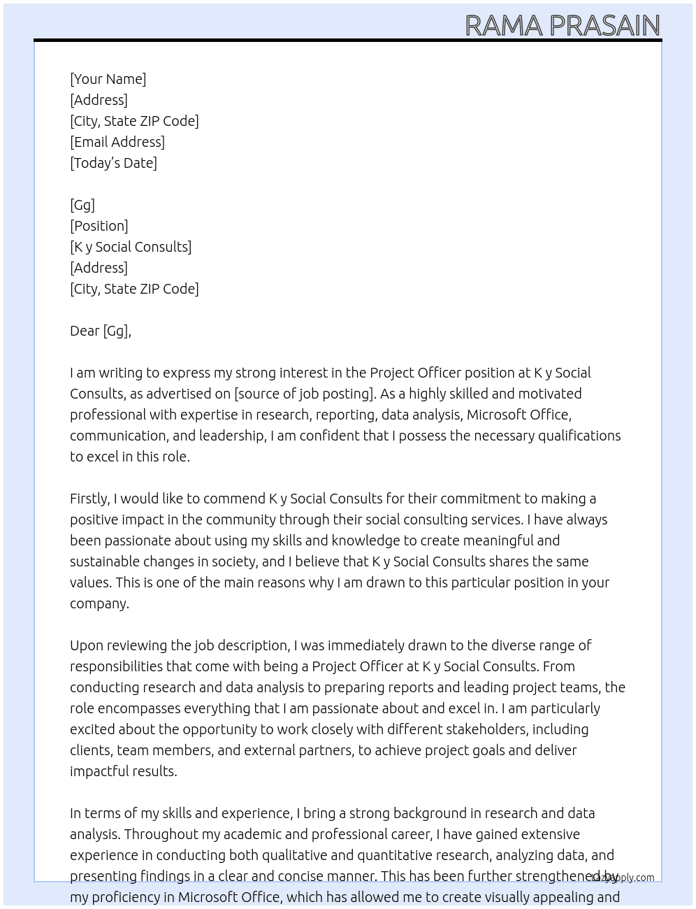 Project officer At K y social consults  Cover Letter