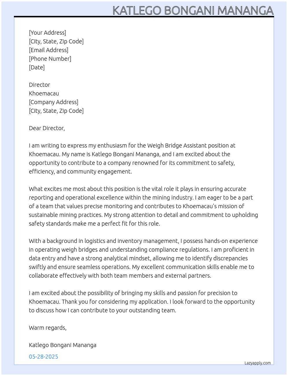 Weigh bridge Assistant  At Khoemacau Cover Letter