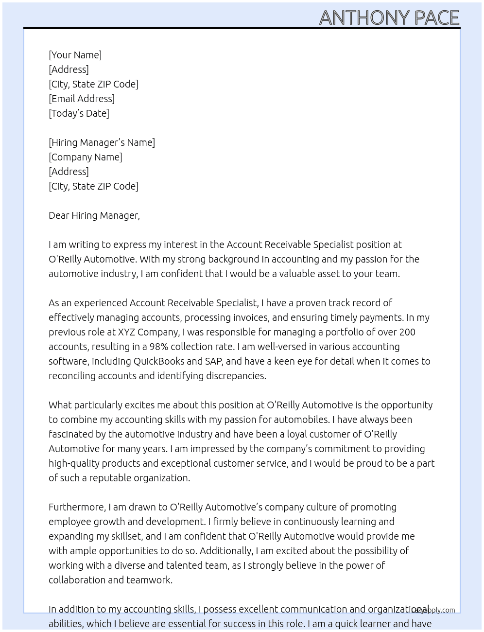 Account receivable specialist At O'Reilly Automotive  Cover Letter