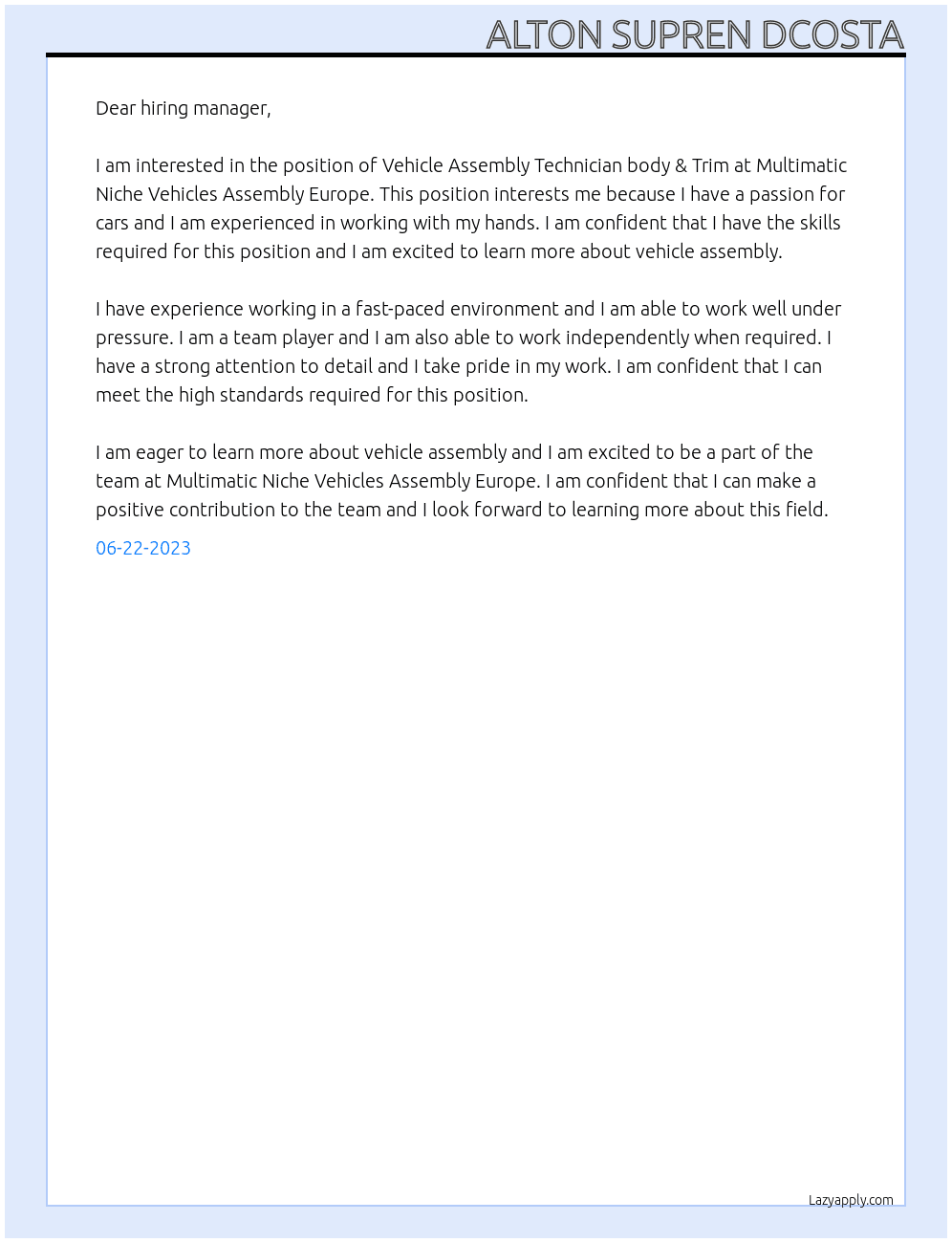 Vehicle Assembly Technician body & Trim At Multimatic Niche Vehicles Assembly Europe, Coventry, United Kingdom Cover Letter