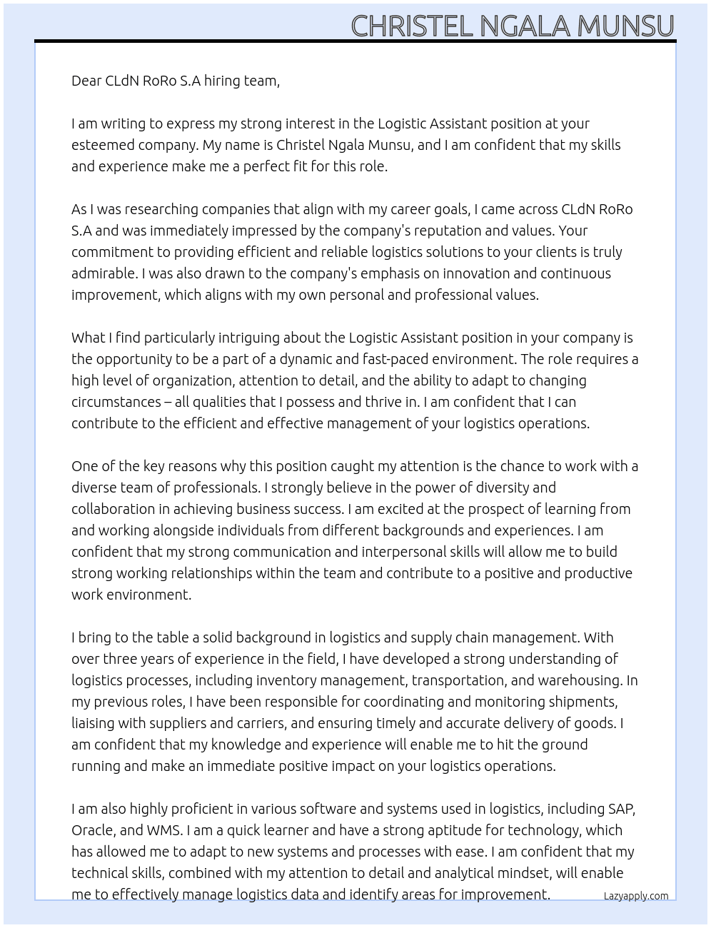 Logistic Assistant At CLdN RoRo S.A Cover Letter