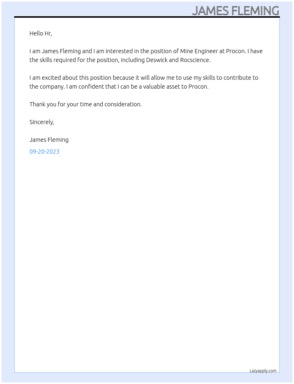 Mine engineer At Procon Cover Letter