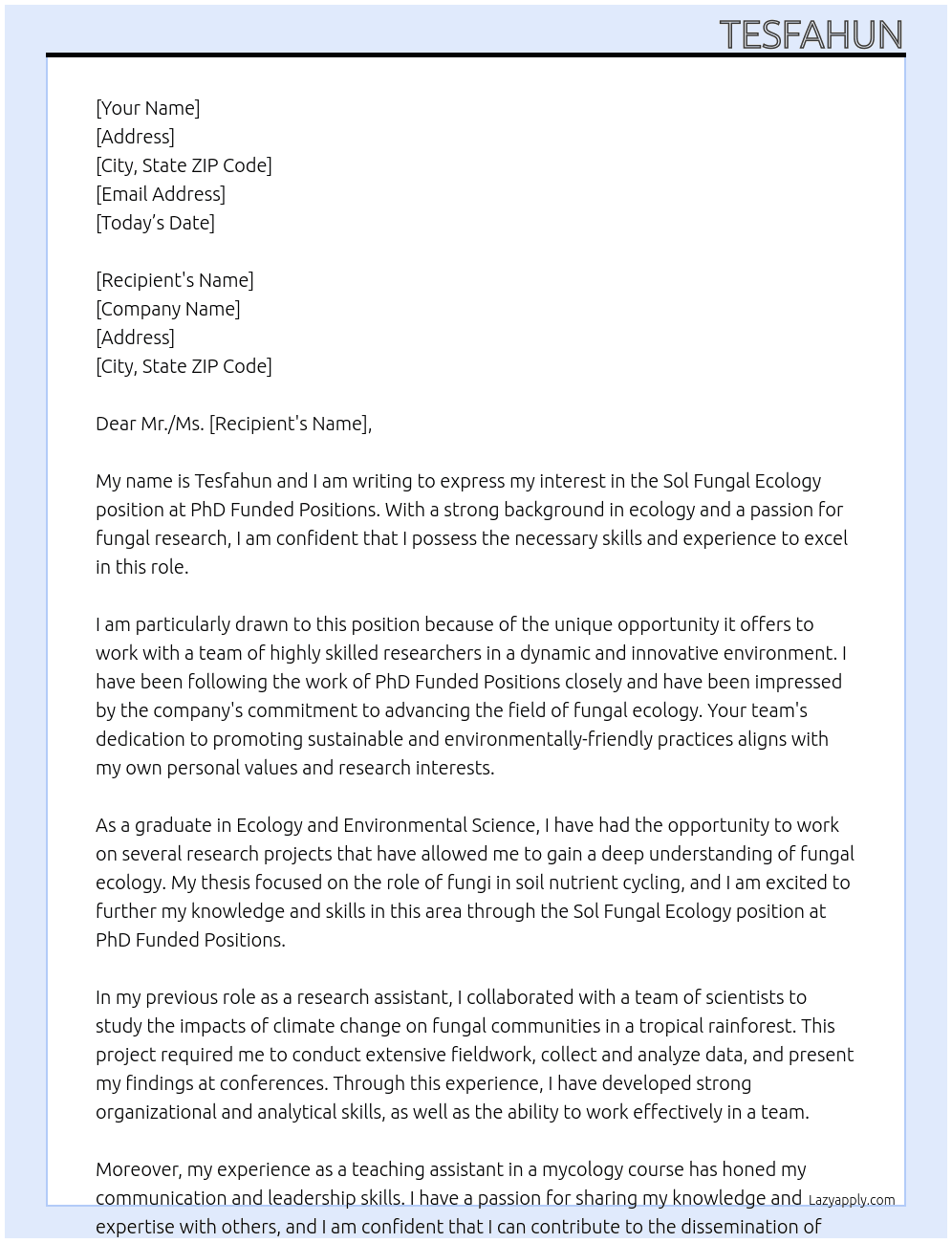 Sol fungal ecology At PhD funded positions Cover Letter