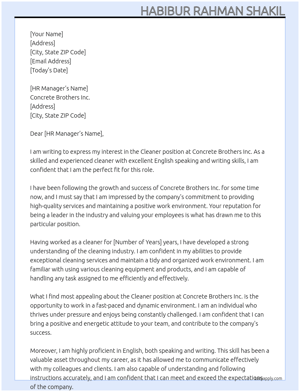 Cleaner At Concrete Brothers Inc Cover Letter