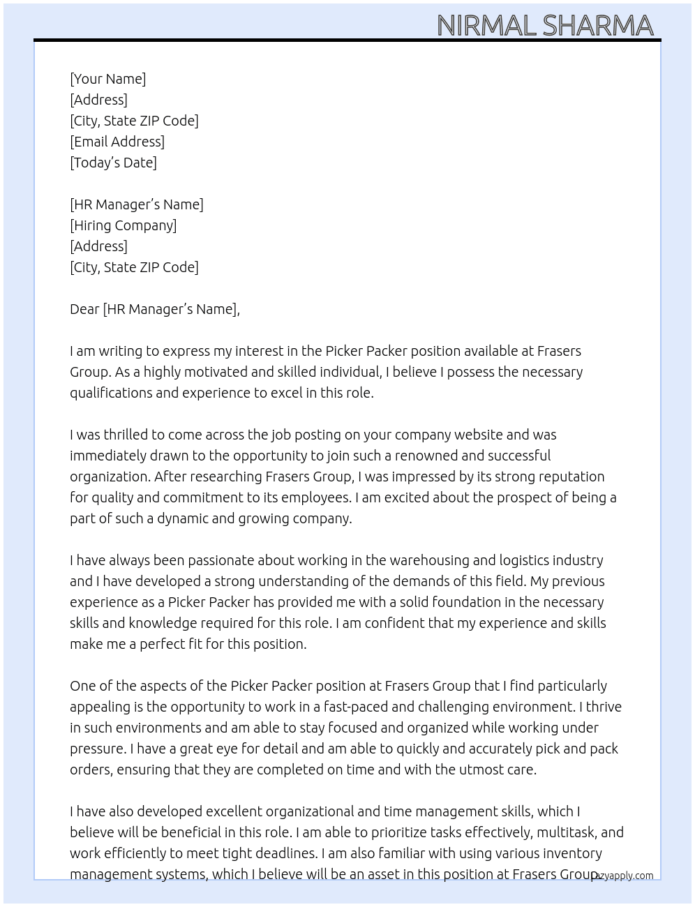 Picker Packers At Frasers Group Cover Letter