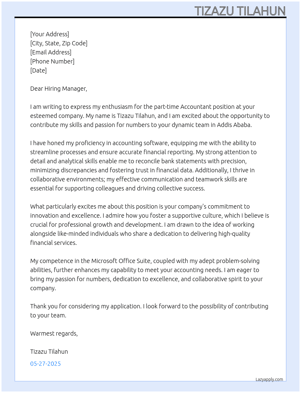 ACCOUNTANT At Unkown Cover Letter