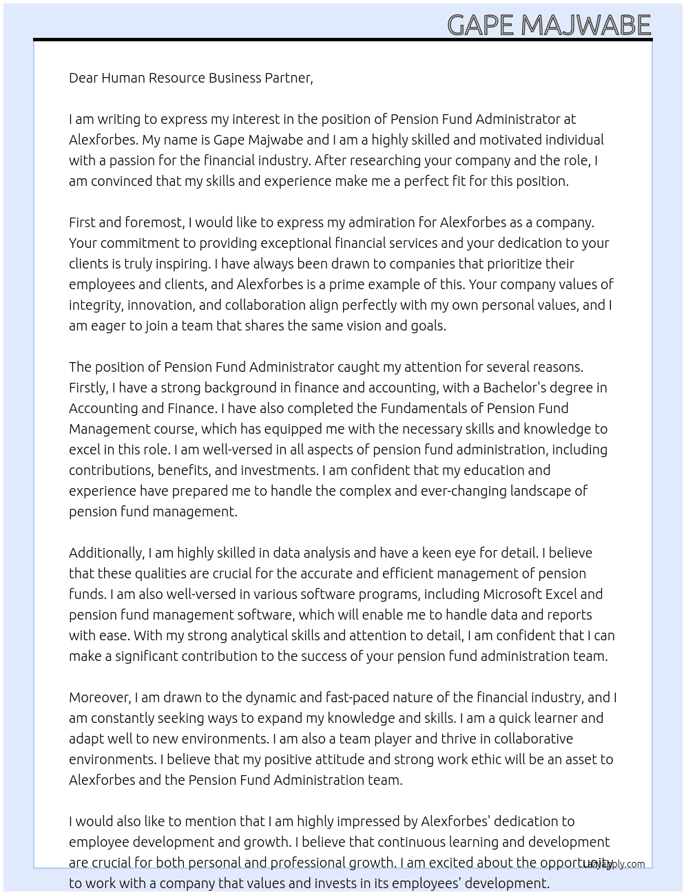 Pension Fund Administrator At alexforbes Cover Letter