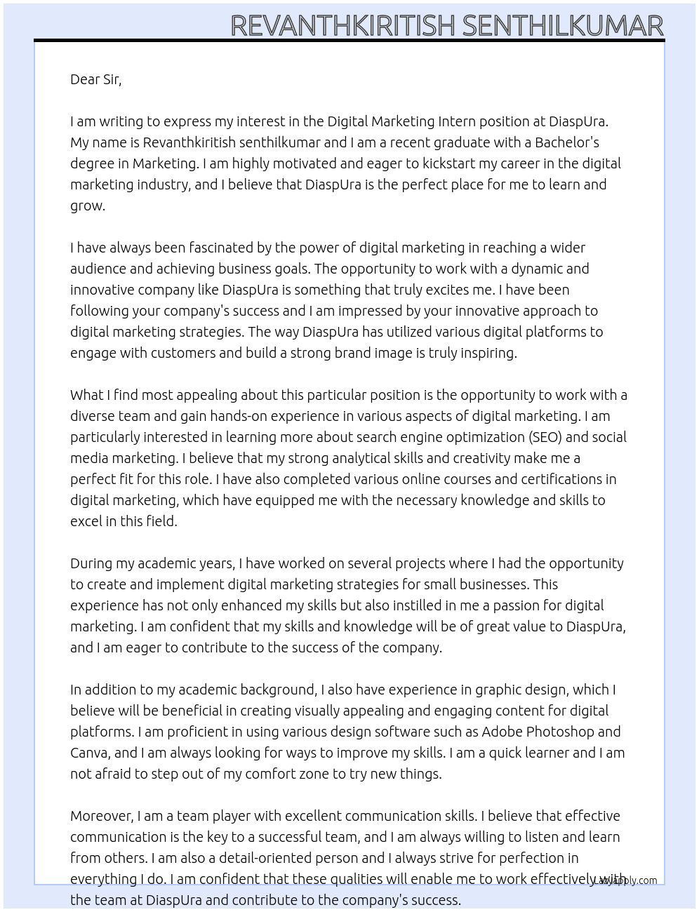 Digital Marketing Intern At DiaspUra Cover Letter