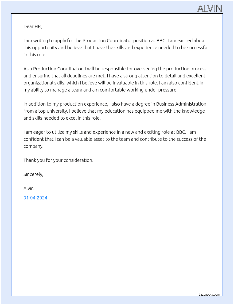 Production coordinator At bbc Cover Letter