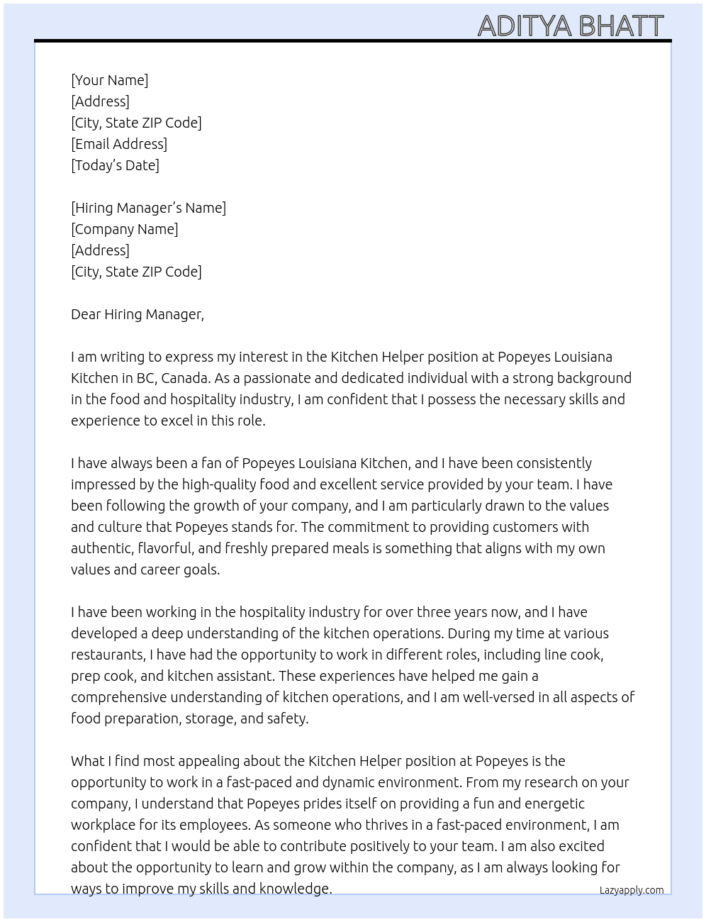 Kitchen helper  At Popeyes Louisiana Kitchen. BC Canada Cover Letter