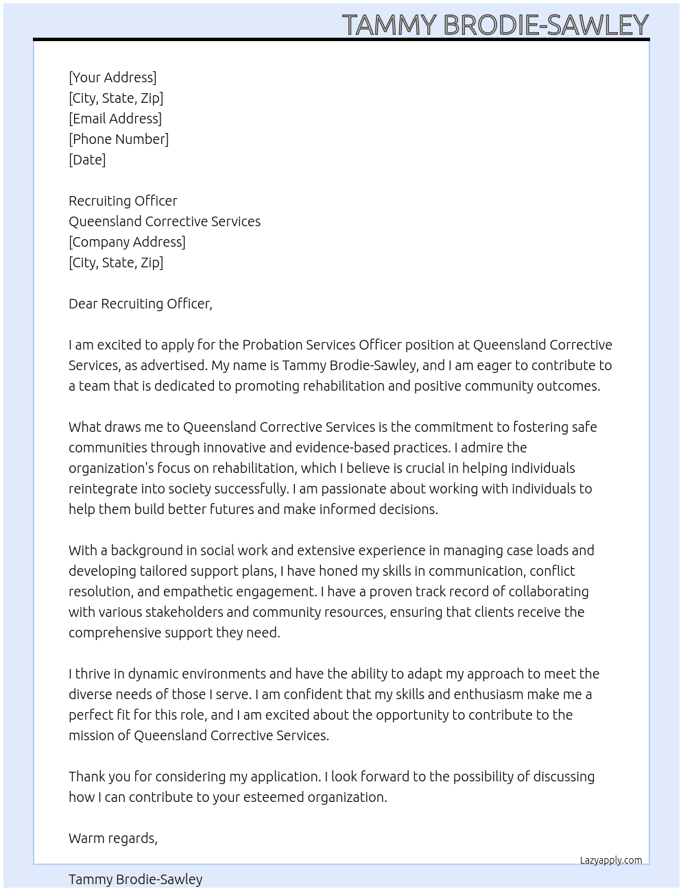 Probation Services Officer At Queensland Corrective Services Cover Letter