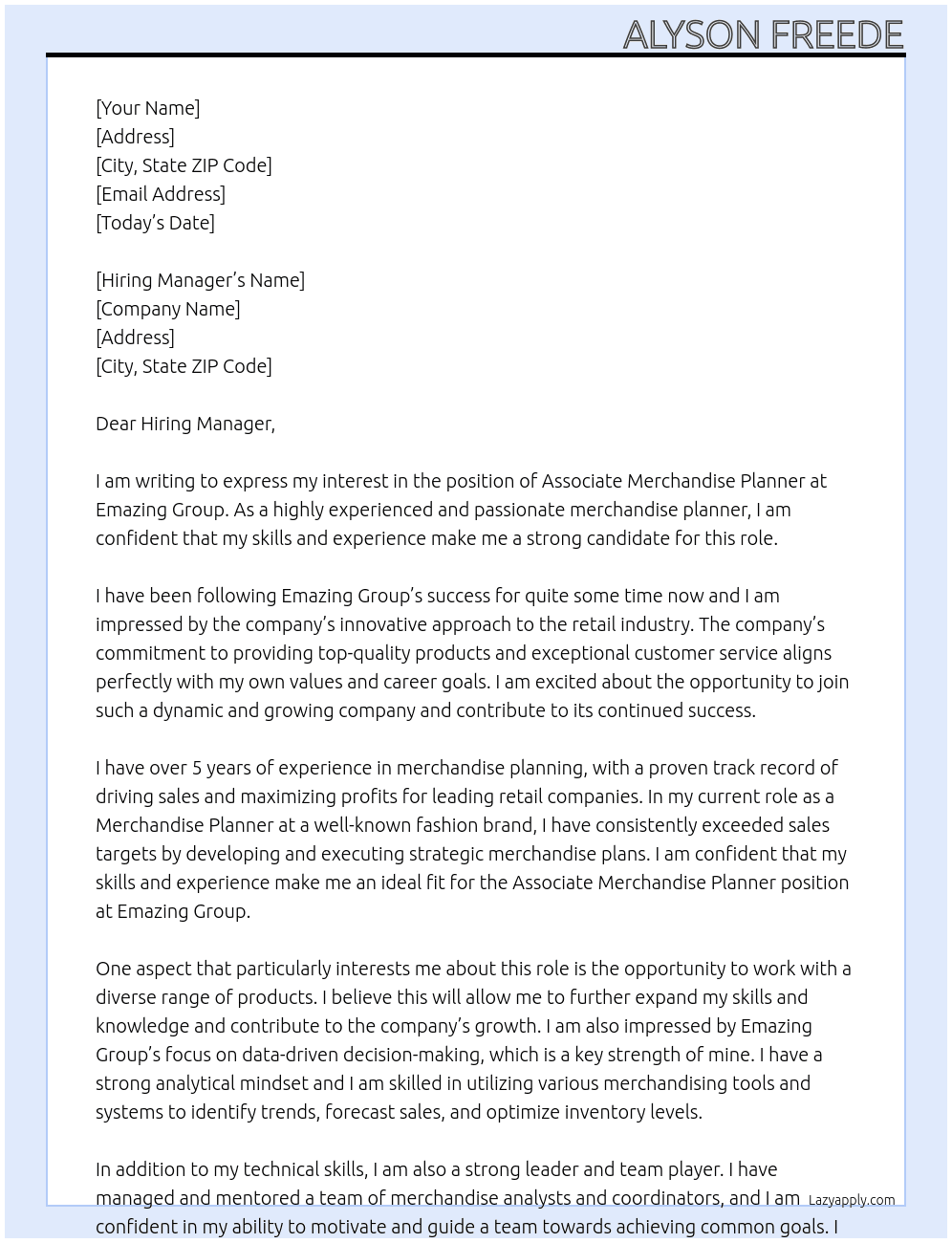 Associate Merchandise Planner At Emazing Group Cover Letter