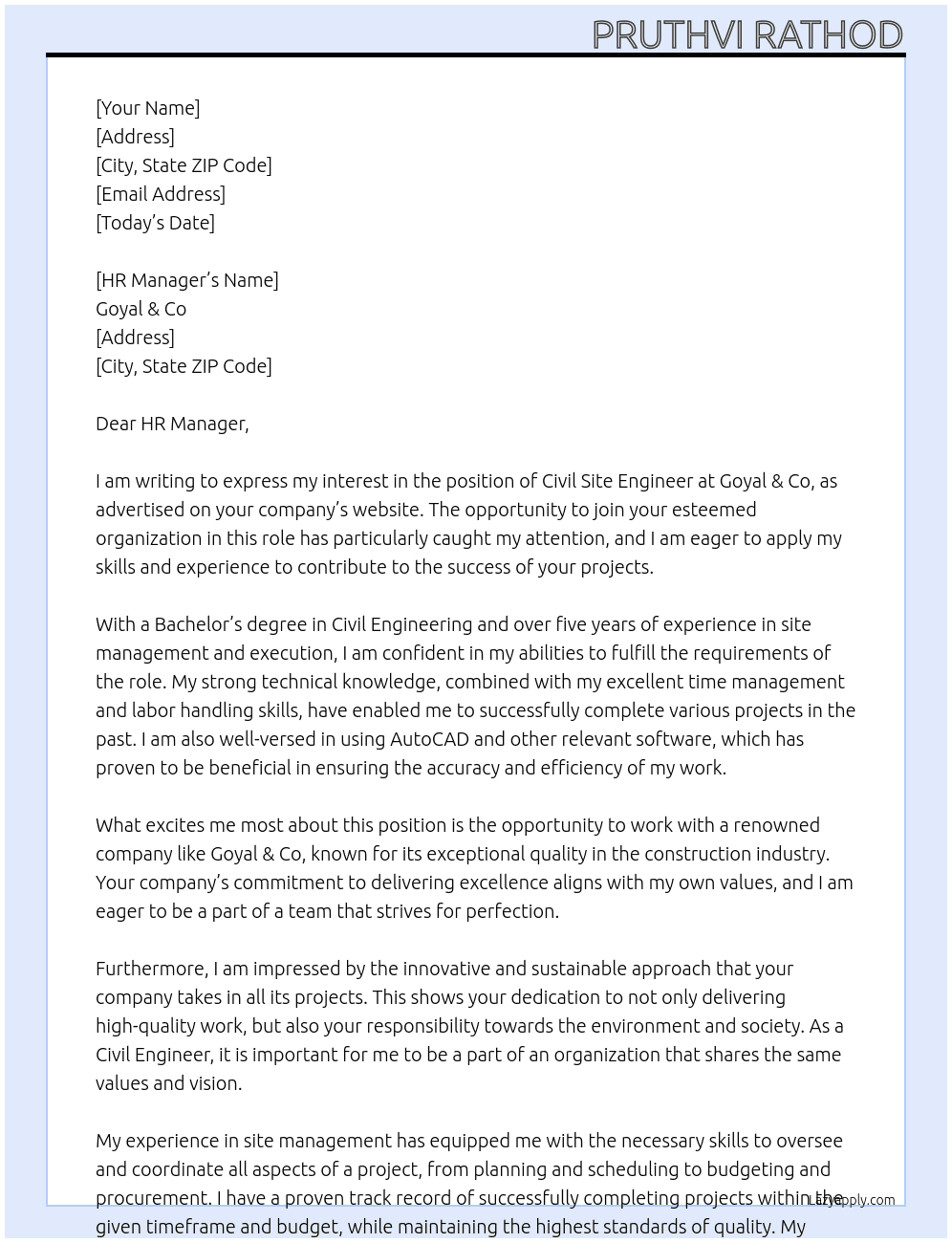 Civil site engineer At Goyal & Co Cover Letter