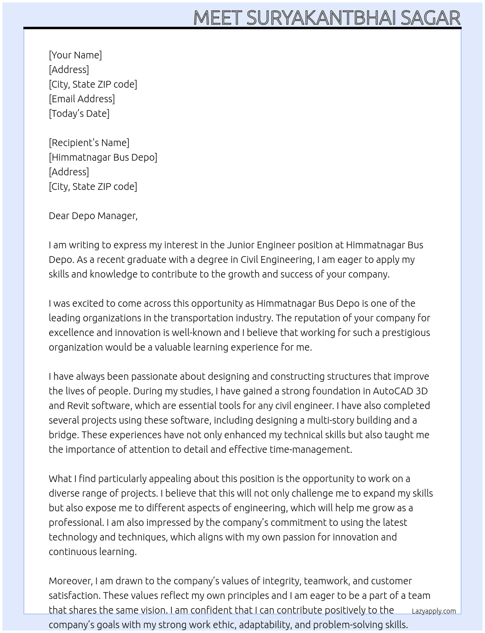 Junior engineer  At Himmatnagar Bus Depo Cover Letter