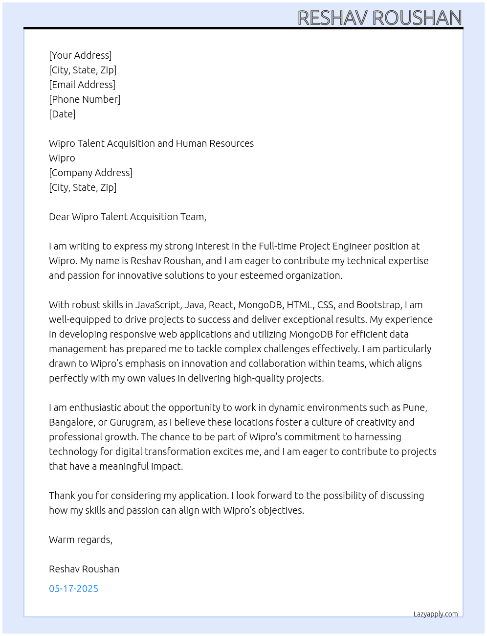 Project Engineer At Wipro Cover Letter
