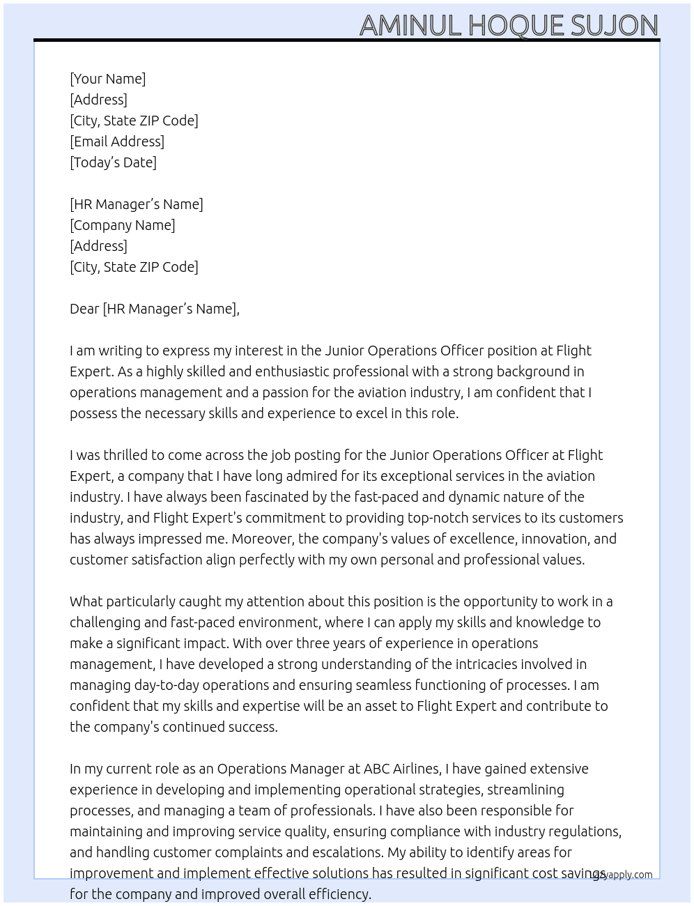 Junior Operations Officer At Flight Expert Cover Letter