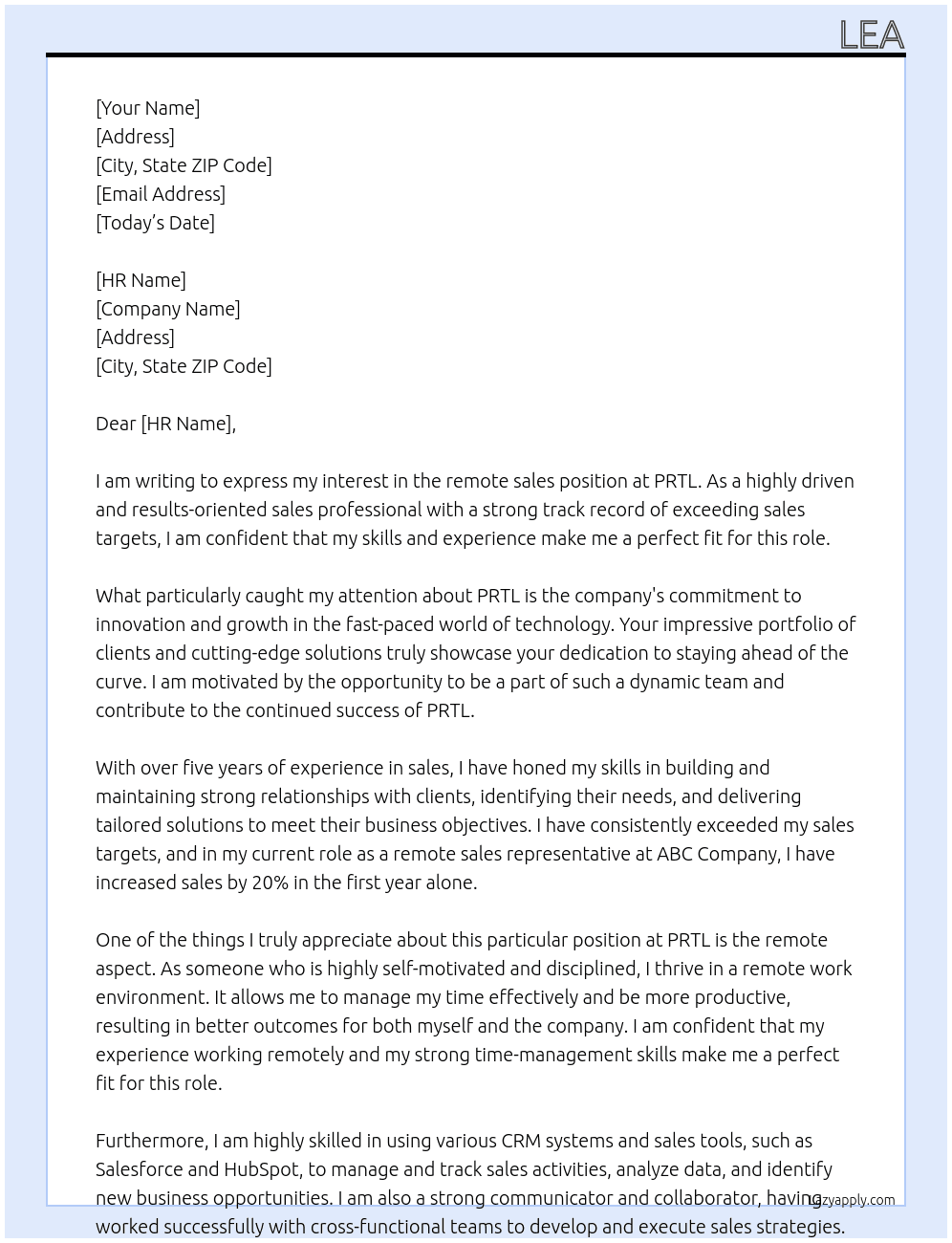 sales remote job At PRTL Cover Letter