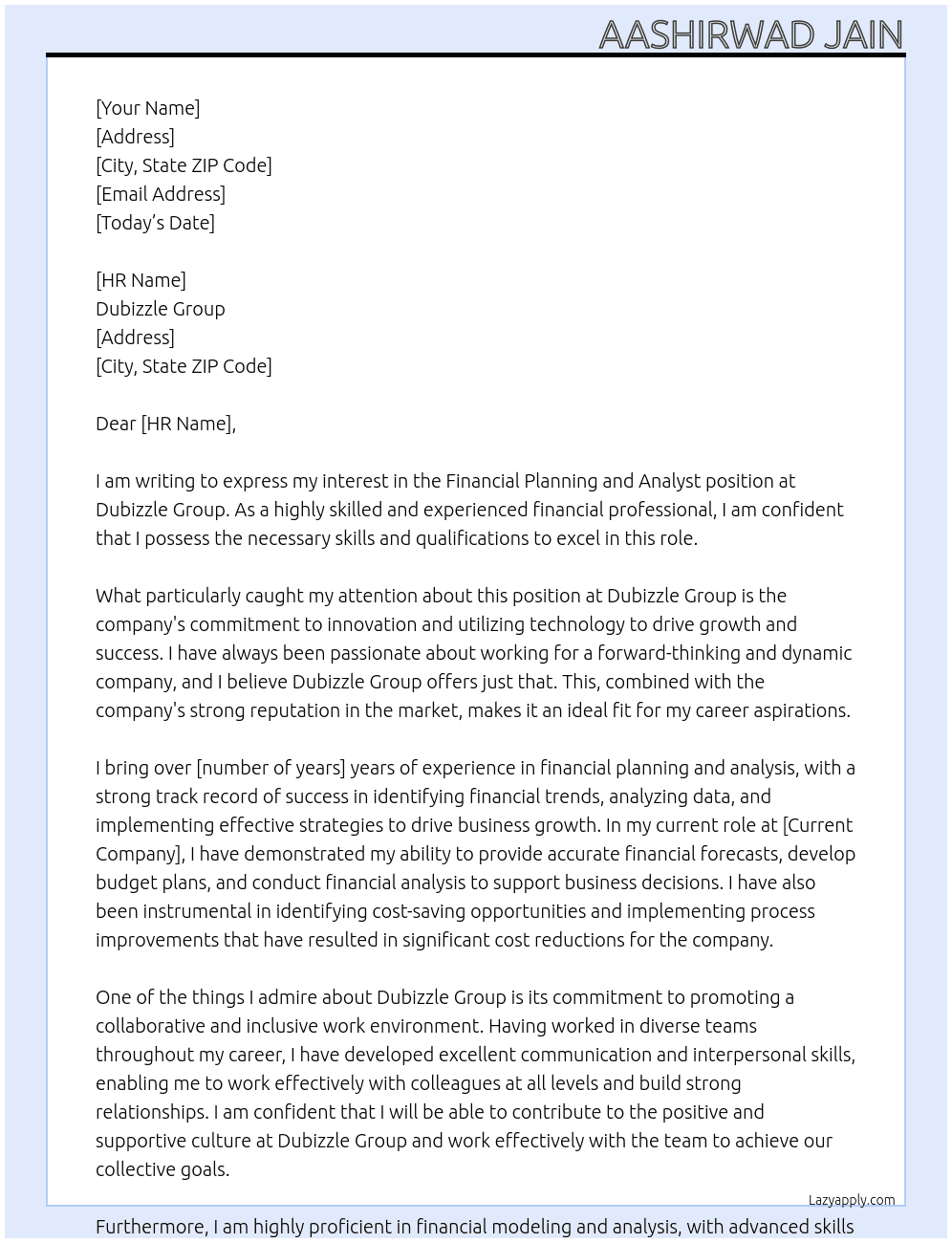 Financial planning And Analyst At Dubizzle group Cover Letter