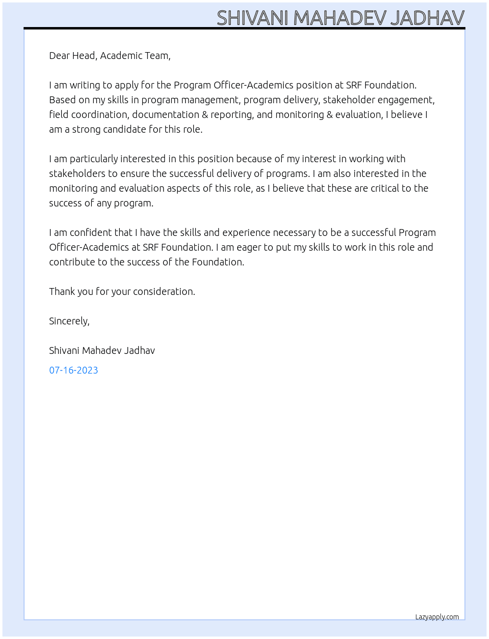 Program officer-Academics At SRF Foundation Cover Letter