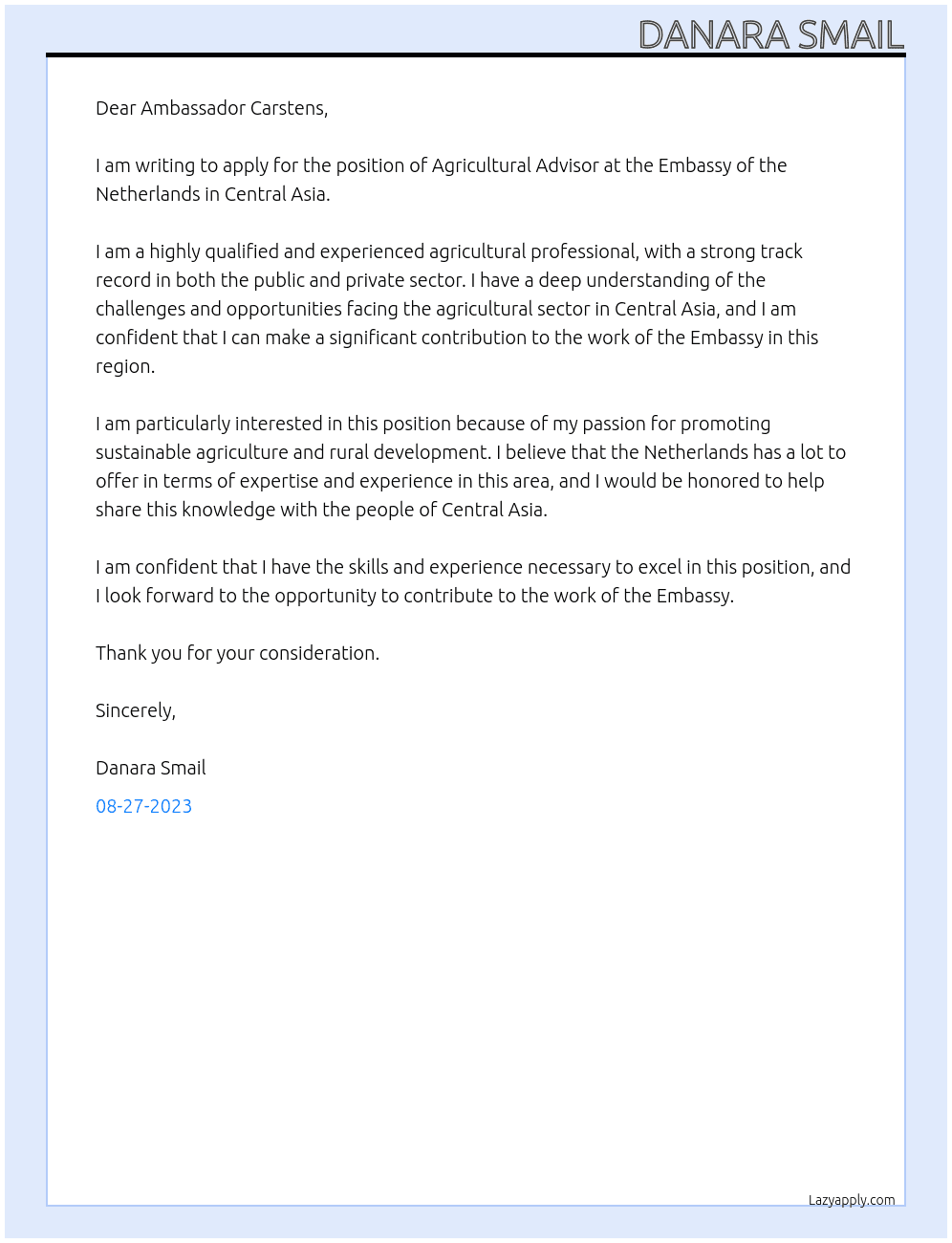 Agricultural Advisor At Embassy of the Netherlands  Cover Letter