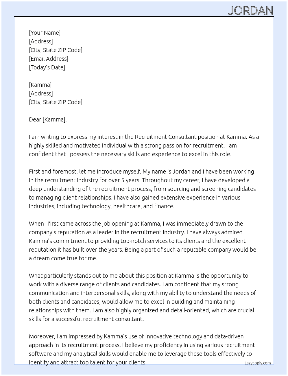 Recruitment Consultant At Kamma Cover Letter