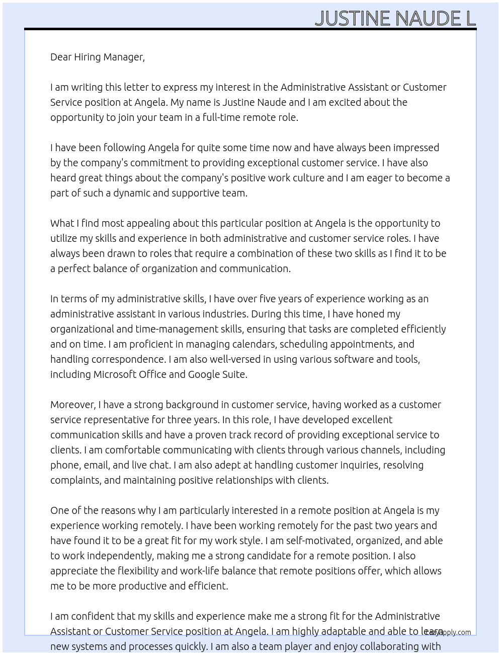 Administrative assistant or customer service  At Angela Cover Letter