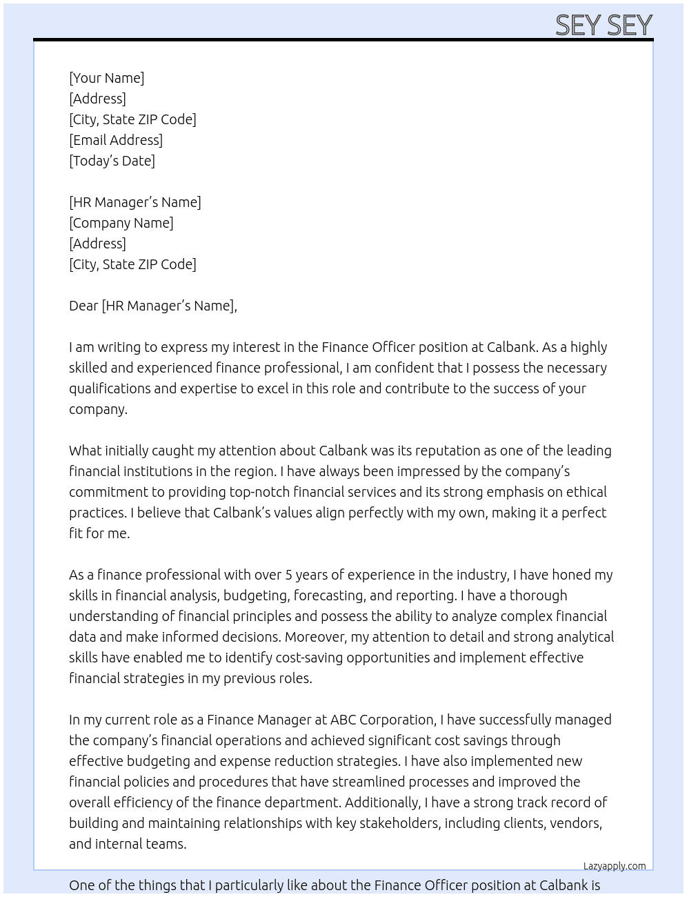 Finance officer At Calbank  Cover Letter