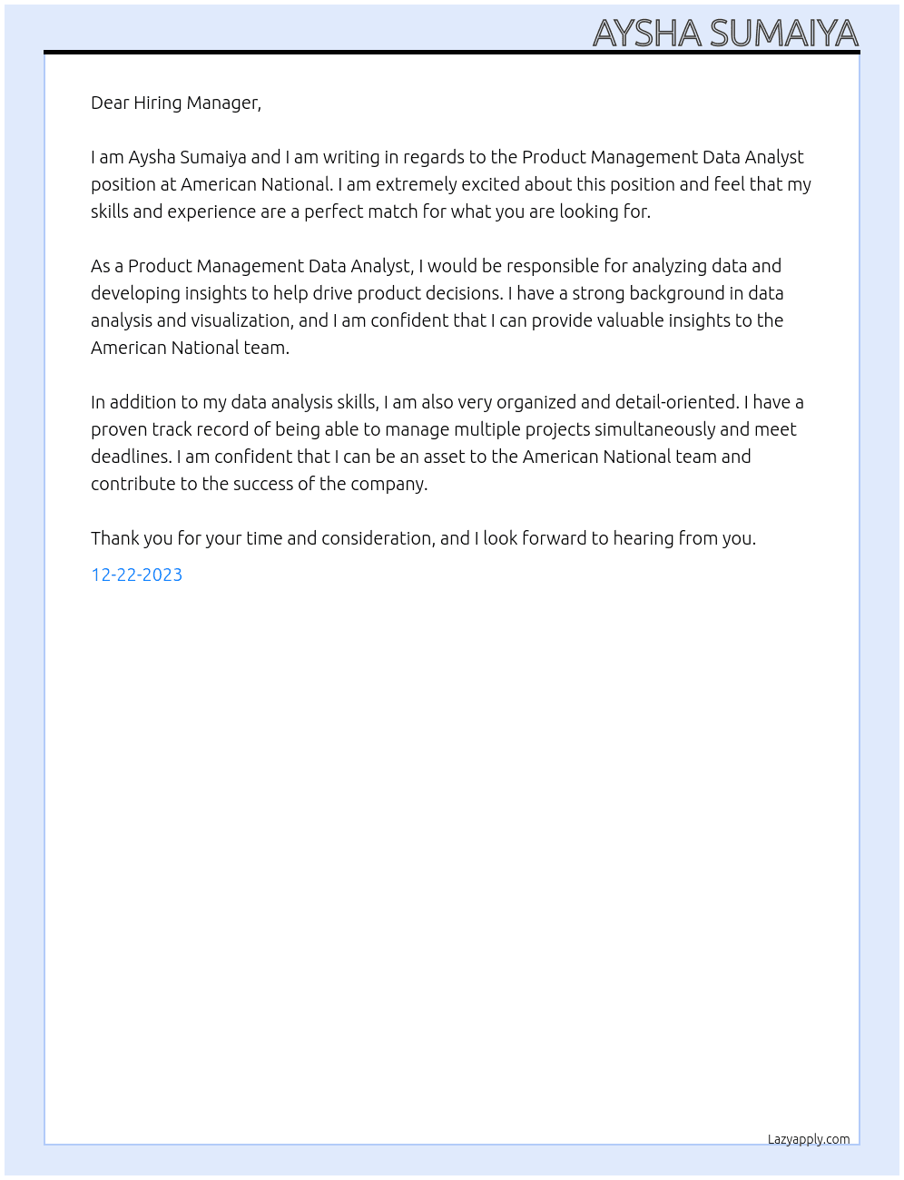 Product Management Data Analyst  At American National Cover Letter
