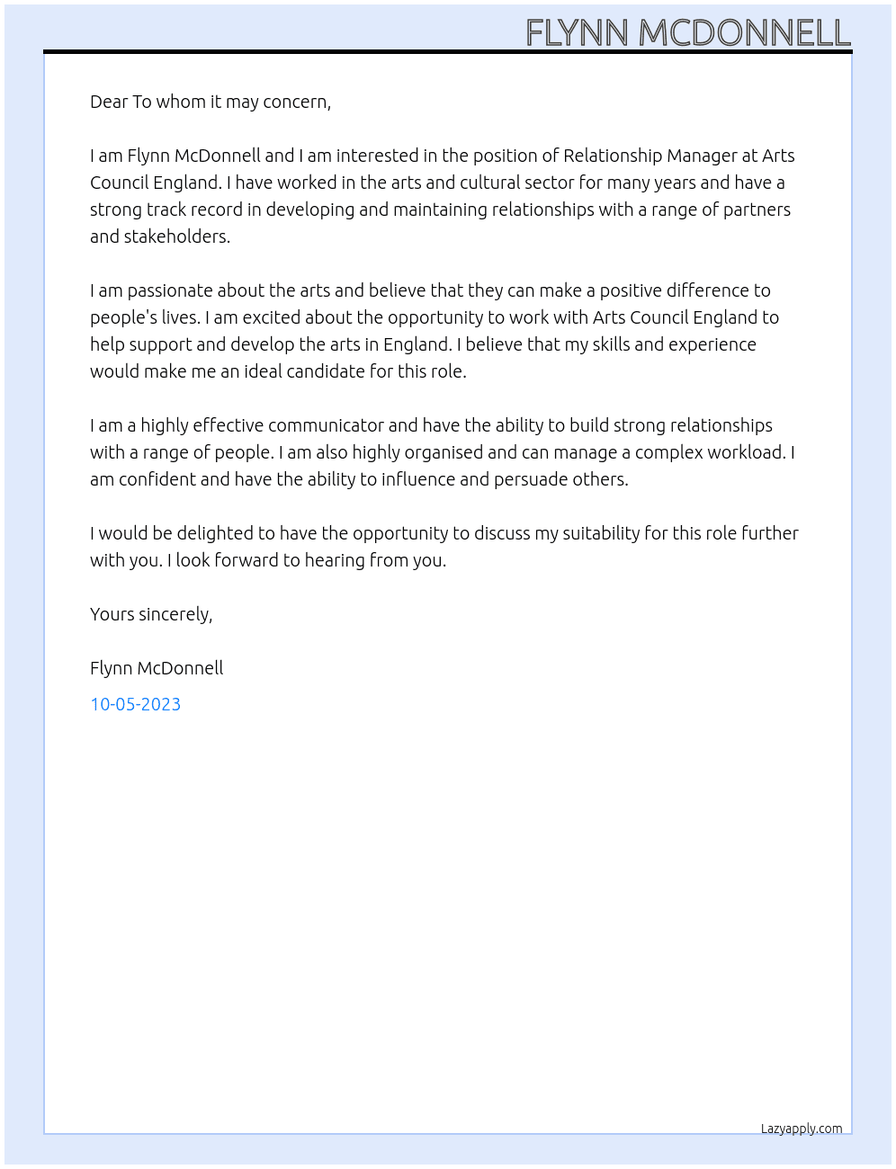 Relationship Manager At Arts Council England Cover Letter