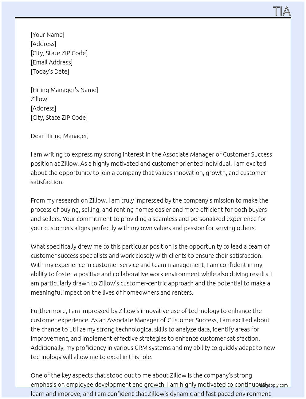 Associate Manager of Customer Success At Zillow Cover Letter
