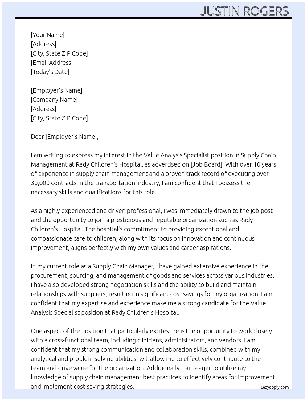 Value Analysis Specialist - Supply Chain Management - job post At Rady Children's Hospital Cover Letter