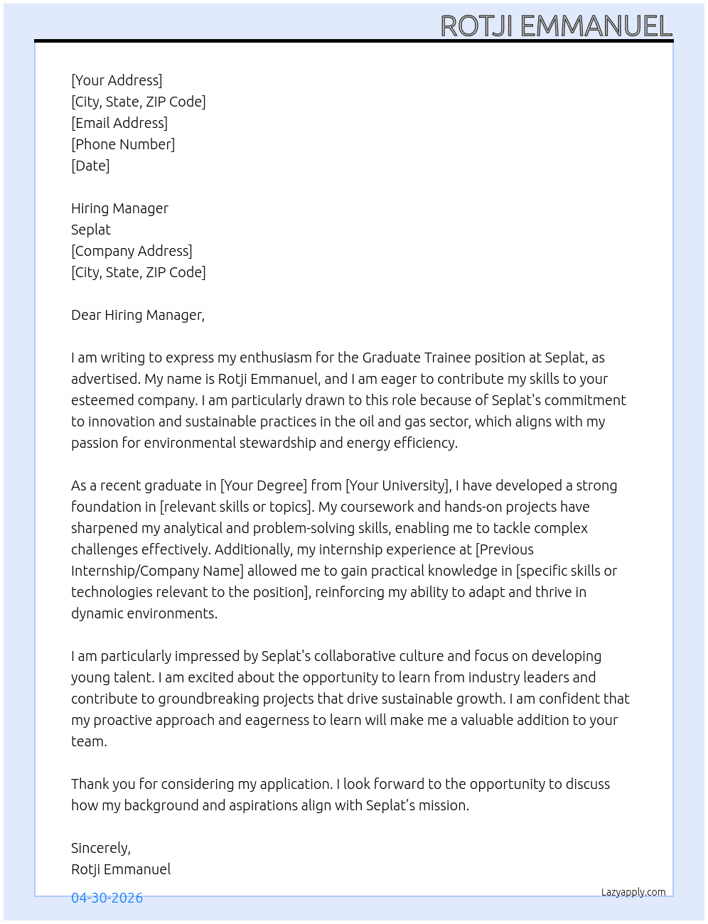 Graduate Trainee At Seplat Cover Letter