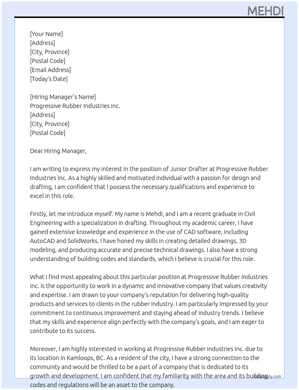 Junior Drafter At Progressive Rubber Industries Inc. Cover Letter