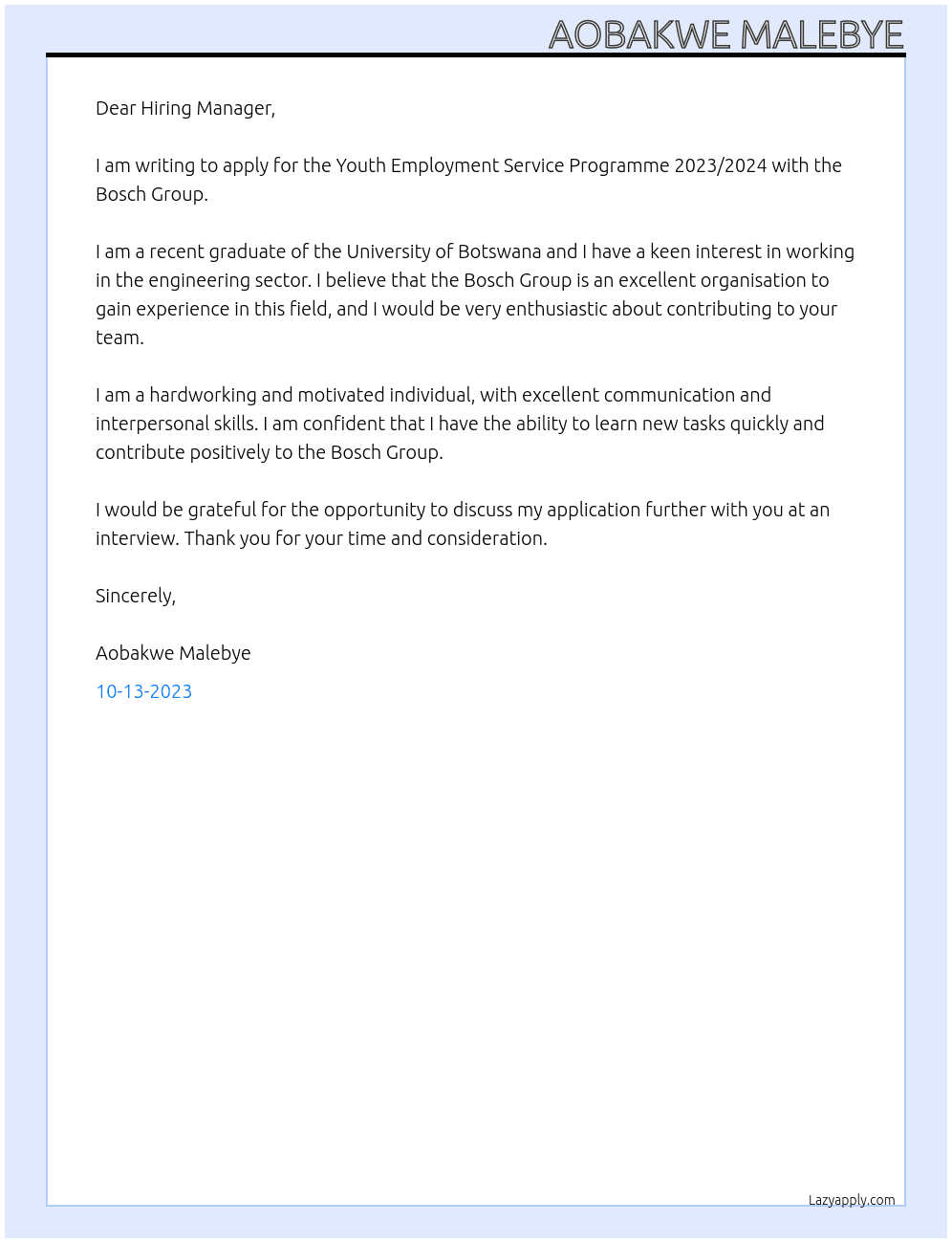 Youth Employment Service Programme 2023/2024  At Bosch Group Cover Letter