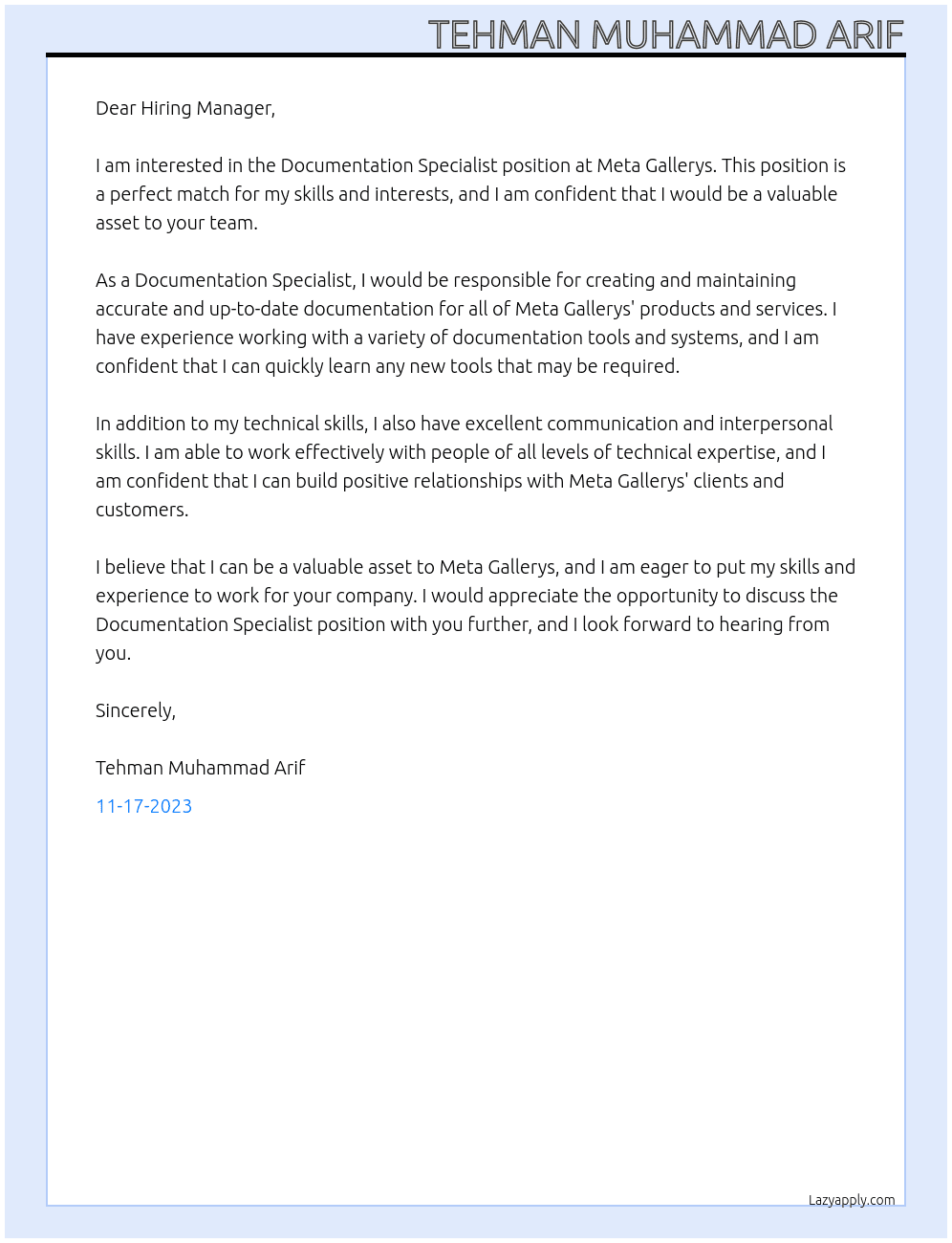 Documentation Specialist At Meta Gallerys Cover Letter