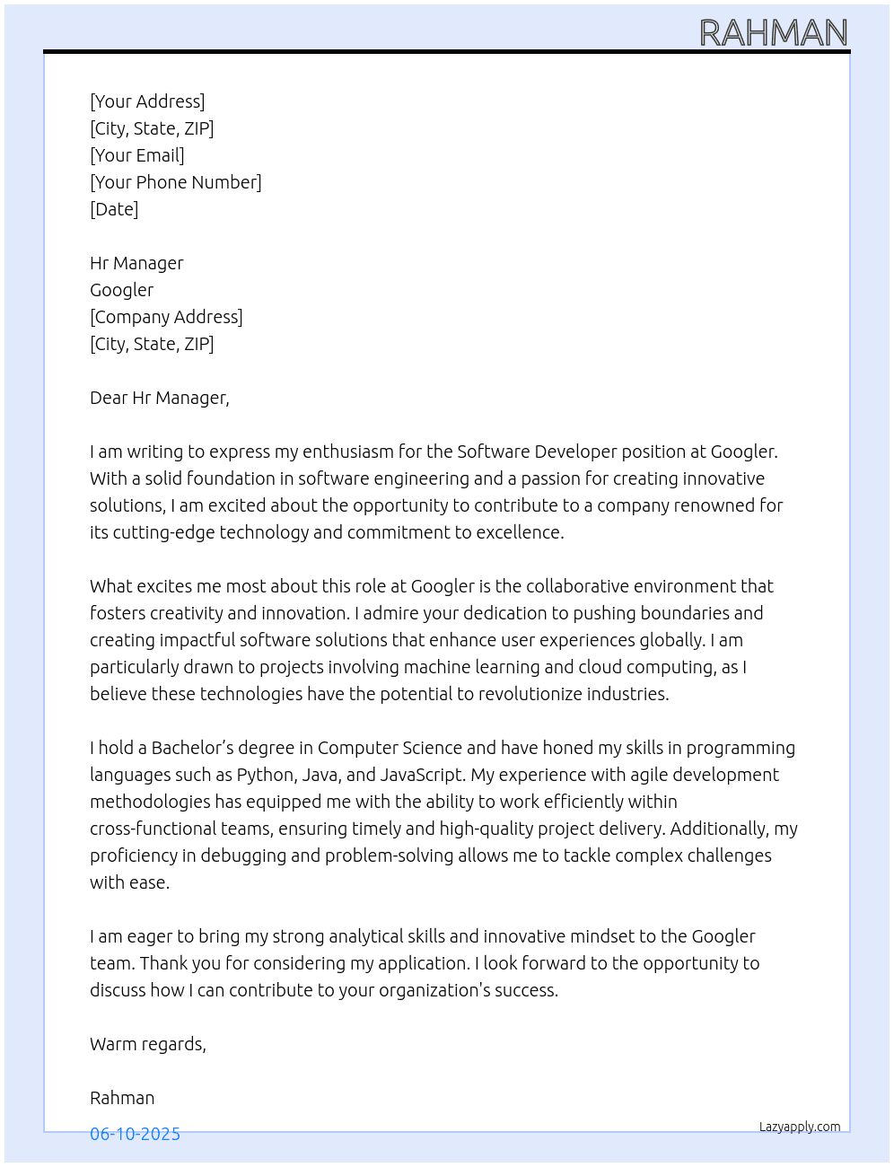 Cover letter for spftware developer - LazyApply