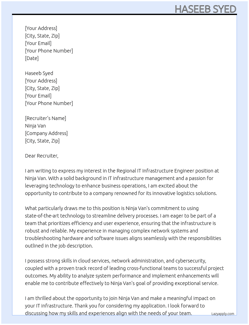 Regional IT Infrastructure Engineer At ninja van Cover Letter