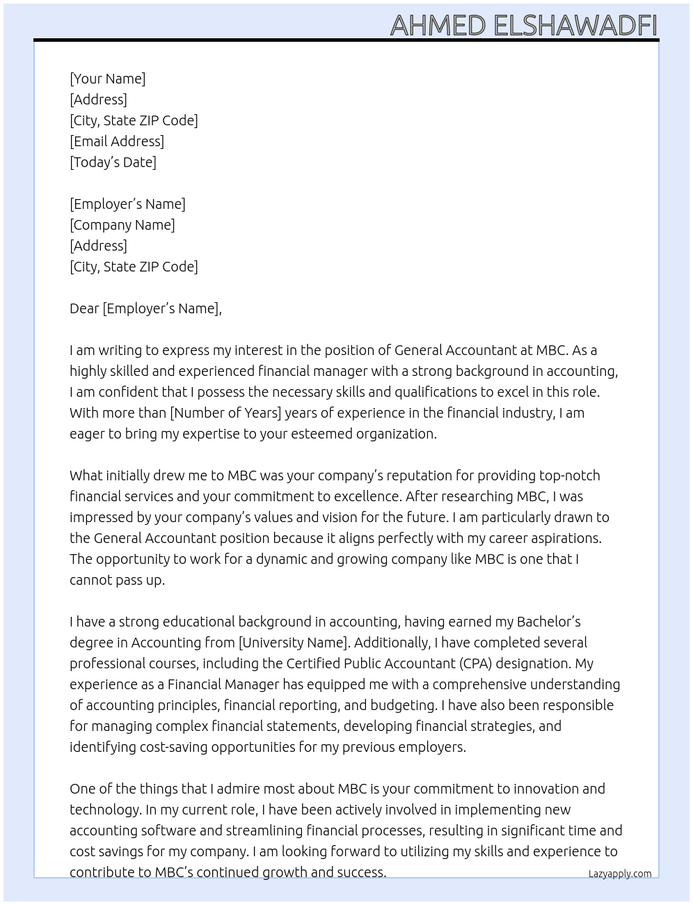 General Accountant At MBC Cover Letter