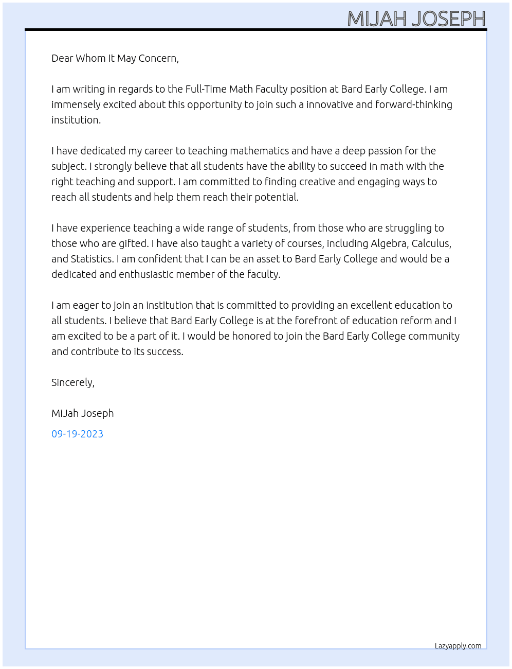 Full-Time Math Faculty  At Bard Early College Cover Letter