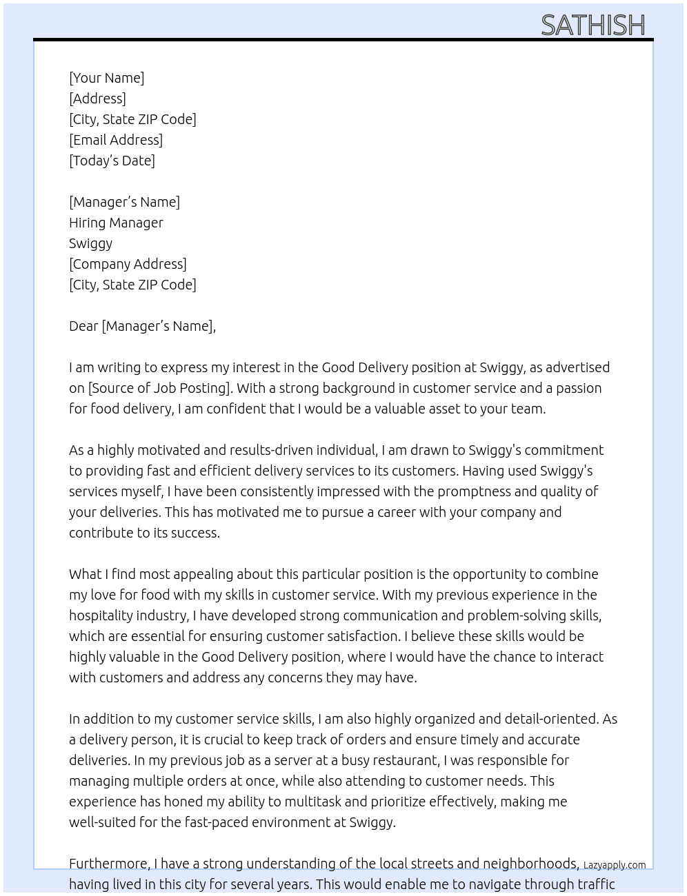 Cover letter for good delivery - LazyApply