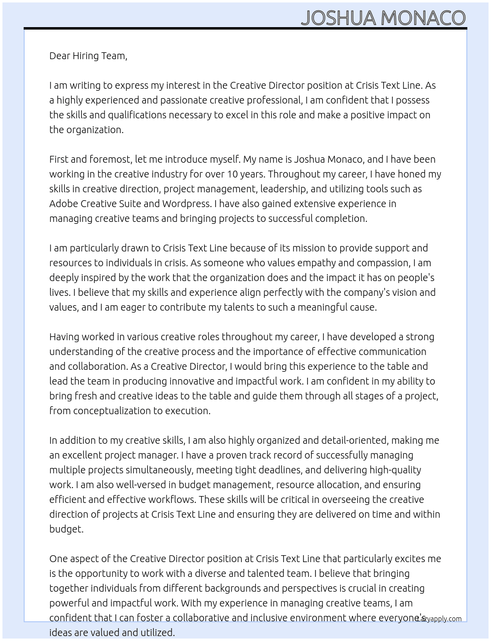 Creative Director At Crisis Text Line Cover Letter