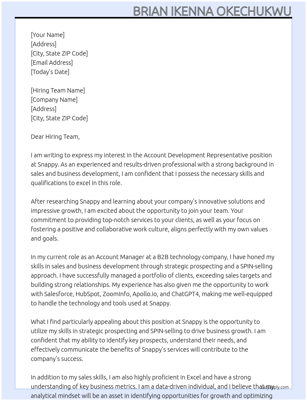 Account Development Representative At Snappy Cover Letter