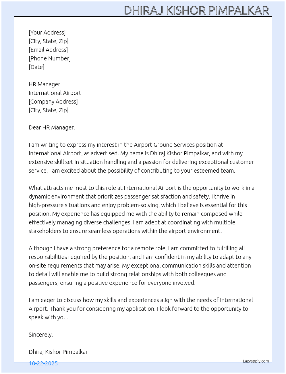 Airport ground service's  At International airport  Cover Letter