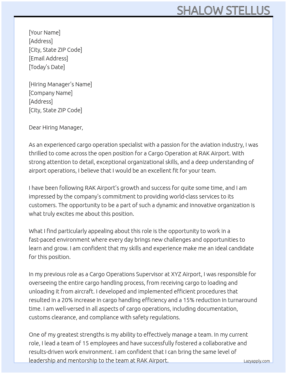 Cargo Operation  At RAK Airport  Cover Letter