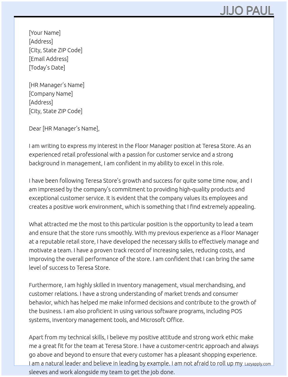 Floor Manager  At Teresa Store Cover Letter