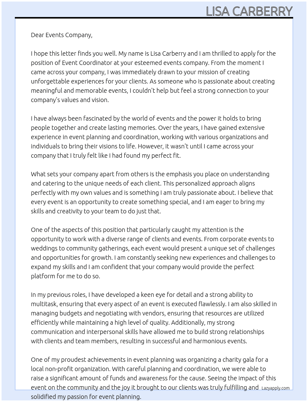 Event coordinator At events company  Cover Letter