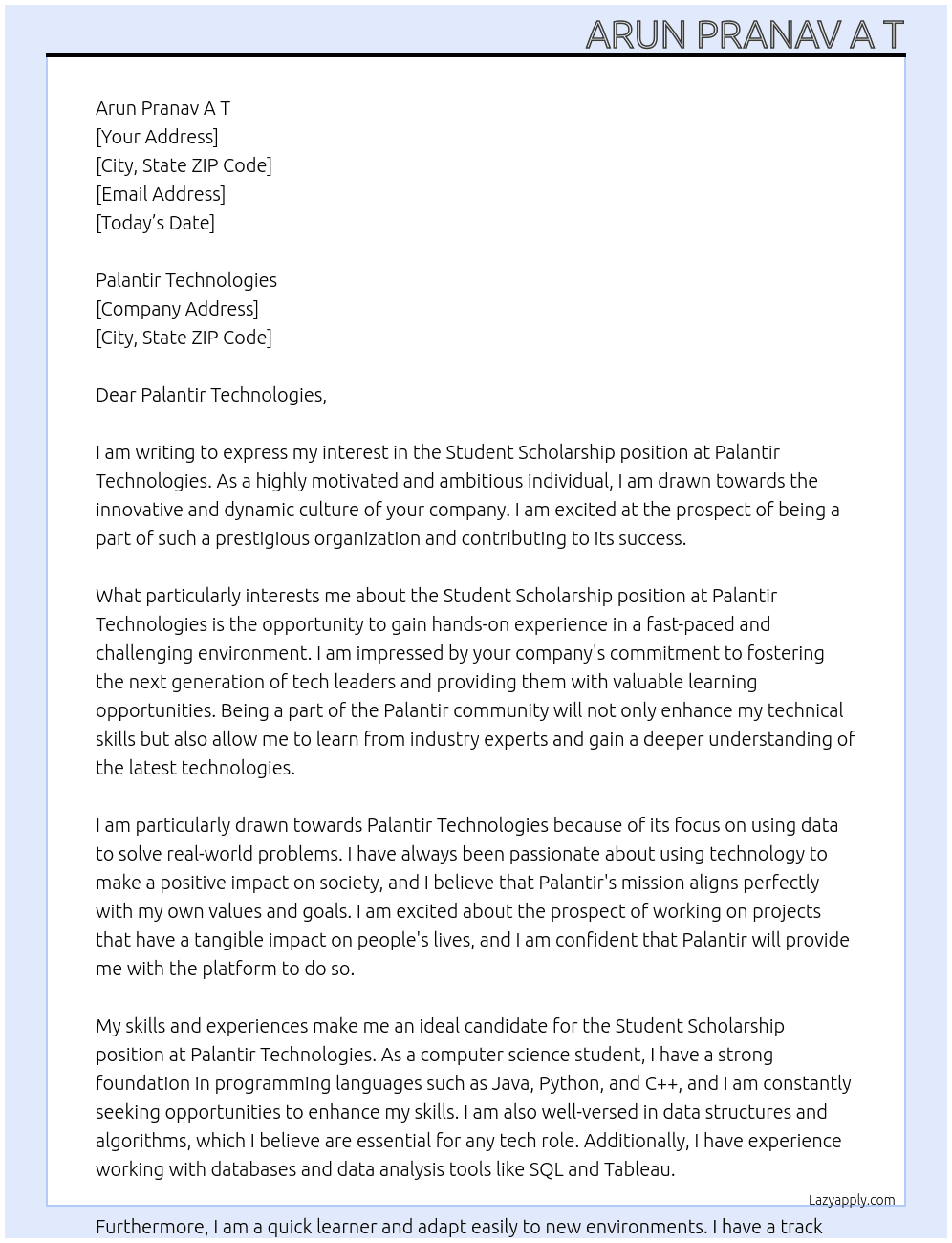 Student Scholarship At Palantir Technologies Cover Letter