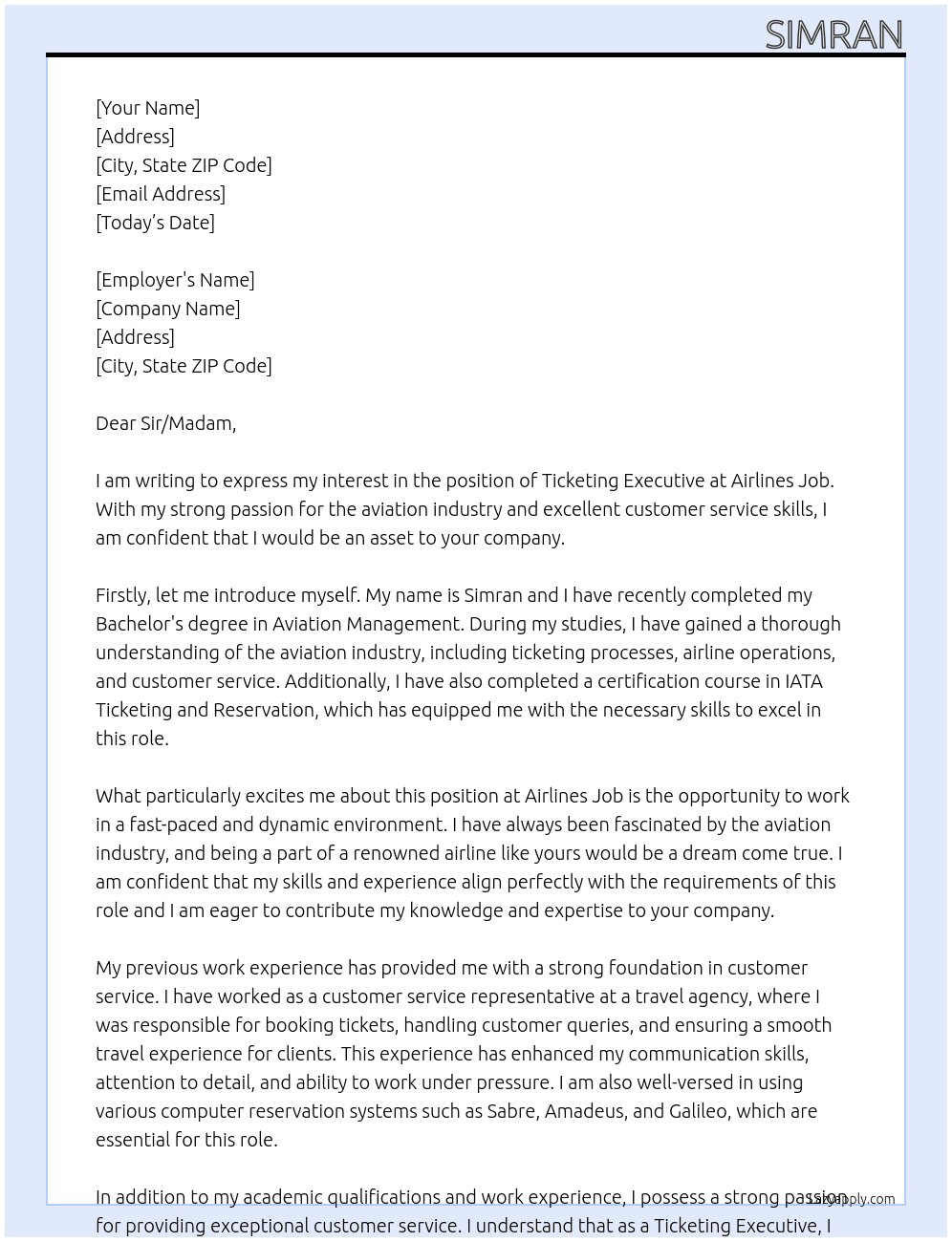 Ticketing executive  At Airlines job  Cover Letter