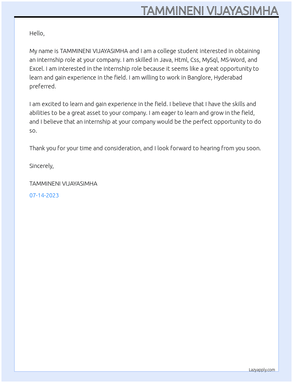 Internship At College Student Cover Letter