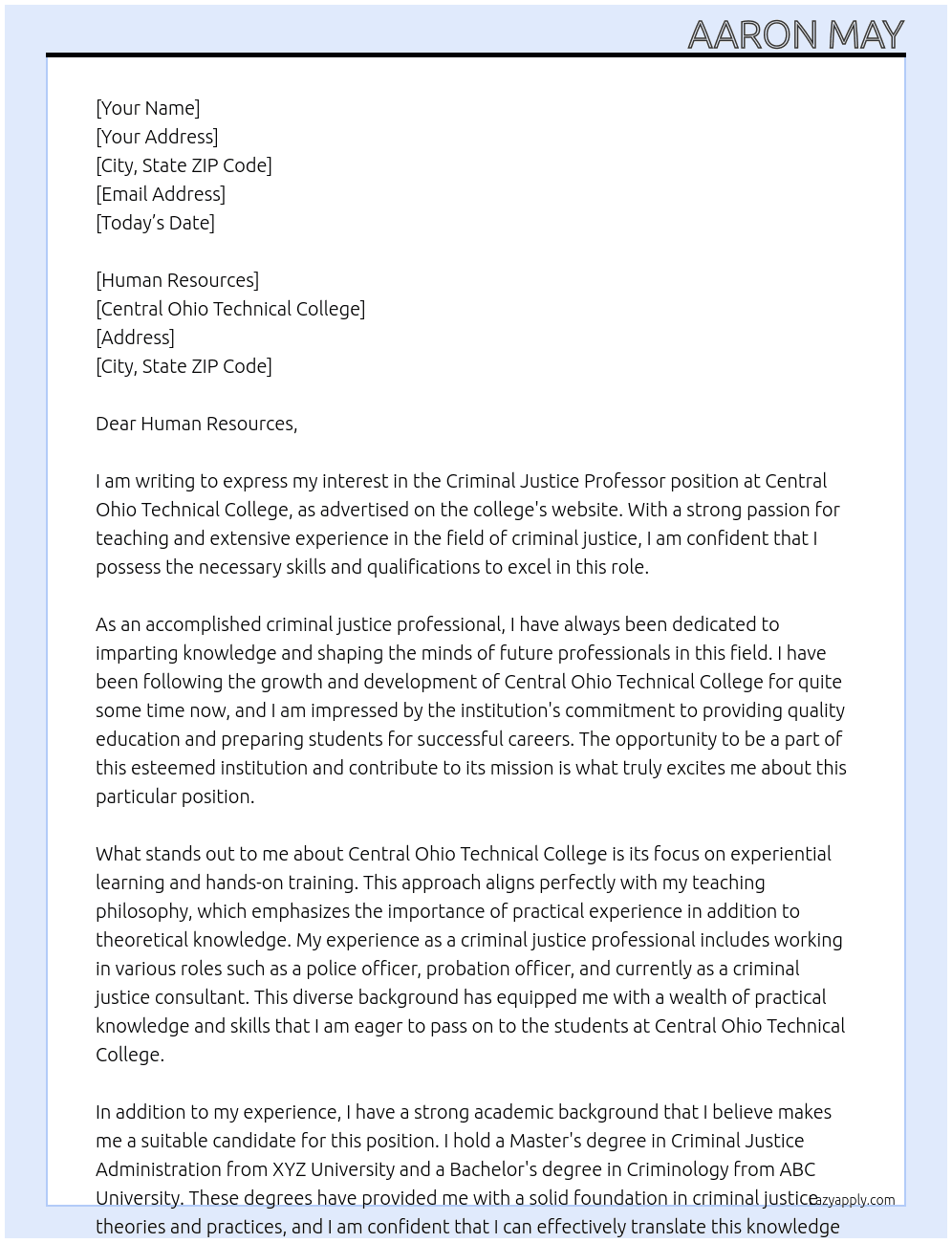Criminal Justice Professor At Central Ohio Technical College Cover Letter